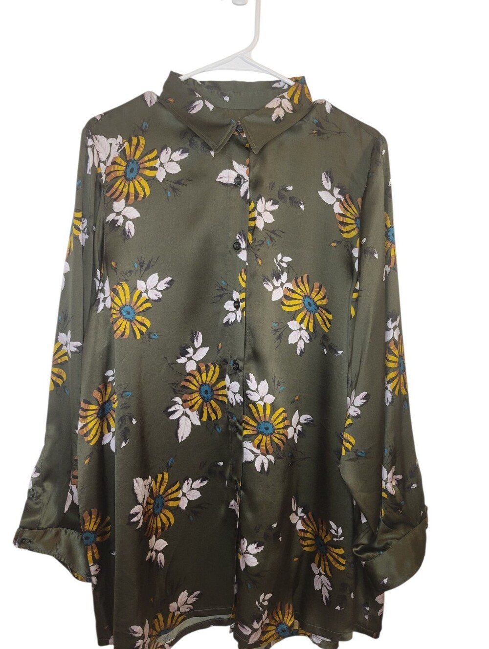 Eleanor Leftwich 100% Silk Olive Floral Button-Up Shirt Women's Lightweight Top.